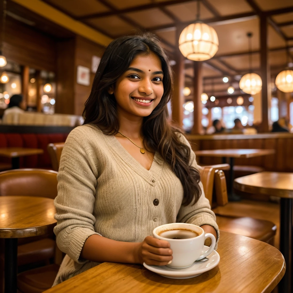 A candid shot of a Indian girl sitting in a cozy café, smiling warmly at the camera with a cup of coffee in hand. The background features soft lighting and a hint of the café’s ambiance, creating a timeless and inviting feel."