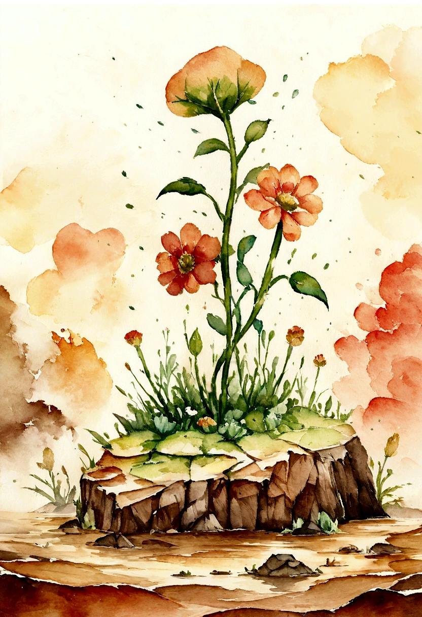 a warm family painting with a splatter background and spray paint effect, by Eugeniusz Zak, water color art, Mr. Károly Lotz, Watercolor painting, Watercolor painting style, watercolor detailed art, Lt. Reuben Tam, digital watercolor painting, Watercolor paint, Masterfully detailed watercolor, water color art, Grzegorz Rutkowski. Make a flower sprout from the dry, cracked ground, demonstrating resilience 