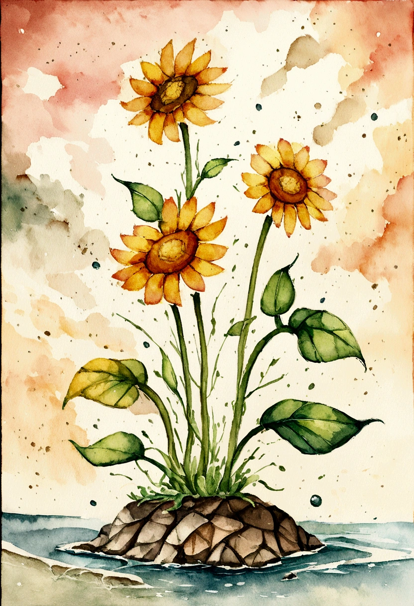 a warm family painting with a splatter background and spray paint effect, by Eugeniusz Zak, water color art, Mr. Károly Lotz, Watercolor painting, Watercolor painting style, watercolor detailed art, Lt. Reuben Tam, digital watercolor painting, Watercolor paint, Masterfully detailed watercolor, water color art, Grzegorz Rutkowski. Make a flower sprout from the dry, cracked ground, demonstrating resilience