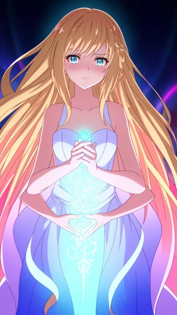 beautiful girl, puffy tiered ballgown, vibrant pastel colors,20s,madure female,angry,closed mouth,white dress,cleavage,sleeveless,((glowing blonde long hair)), magical lights, sparkling magical liquid, inspired by Glen Keane, inspired by Lois van Baarle, disney art style, by Lois van Baarle, glowing aura around her, by Glen Keane, jen bartel, glowing lights! digital painting, flowing glowing hair, glowing flowing hair, beautiful digital illustration, fantasia background, whimsical, magical, fantasy, ((beautiful face)), ((masterpiece, best quality)), intricate details, highly detailed, sharp focus, 8k resolution, sparkling detailed eyes, liquid watercolor,(extra arms,four arms)
