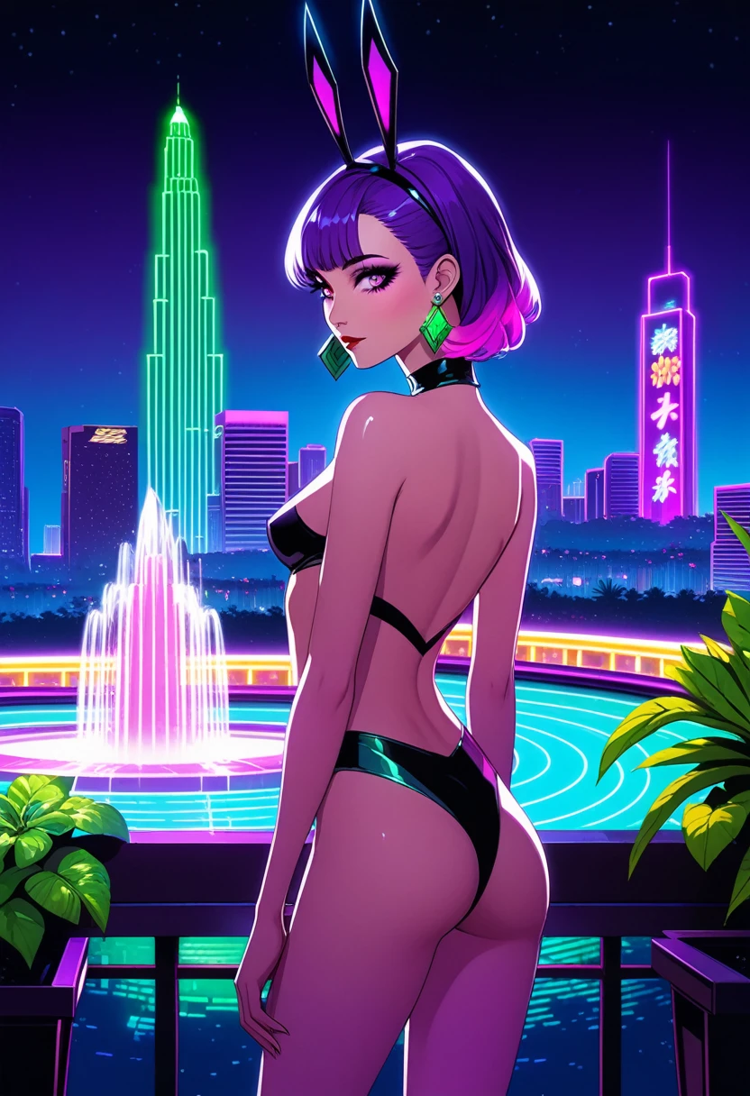 Art styles: very aesthetic, dramatic lighting, 3000K lighting, synthwave, anime, cyberpunk; view: from behind side; character: morrigan aensland; appearance: long purple hair, masterpiece purple eyes, detailed large eyes pupils, Slender hips, slim stomach, thin waist, medium teardrop-shaped breasts, slim body, soft gradient two-tone hair; clothing: bunny girl style; Accessories: sparkly diamond small earrings, makeup; bg: large illuminated fountain, skyscraper roof, panoramic view, deep night city, hawaii, decorations neon lights, translucid lights, green ornamental plant, side lighting;