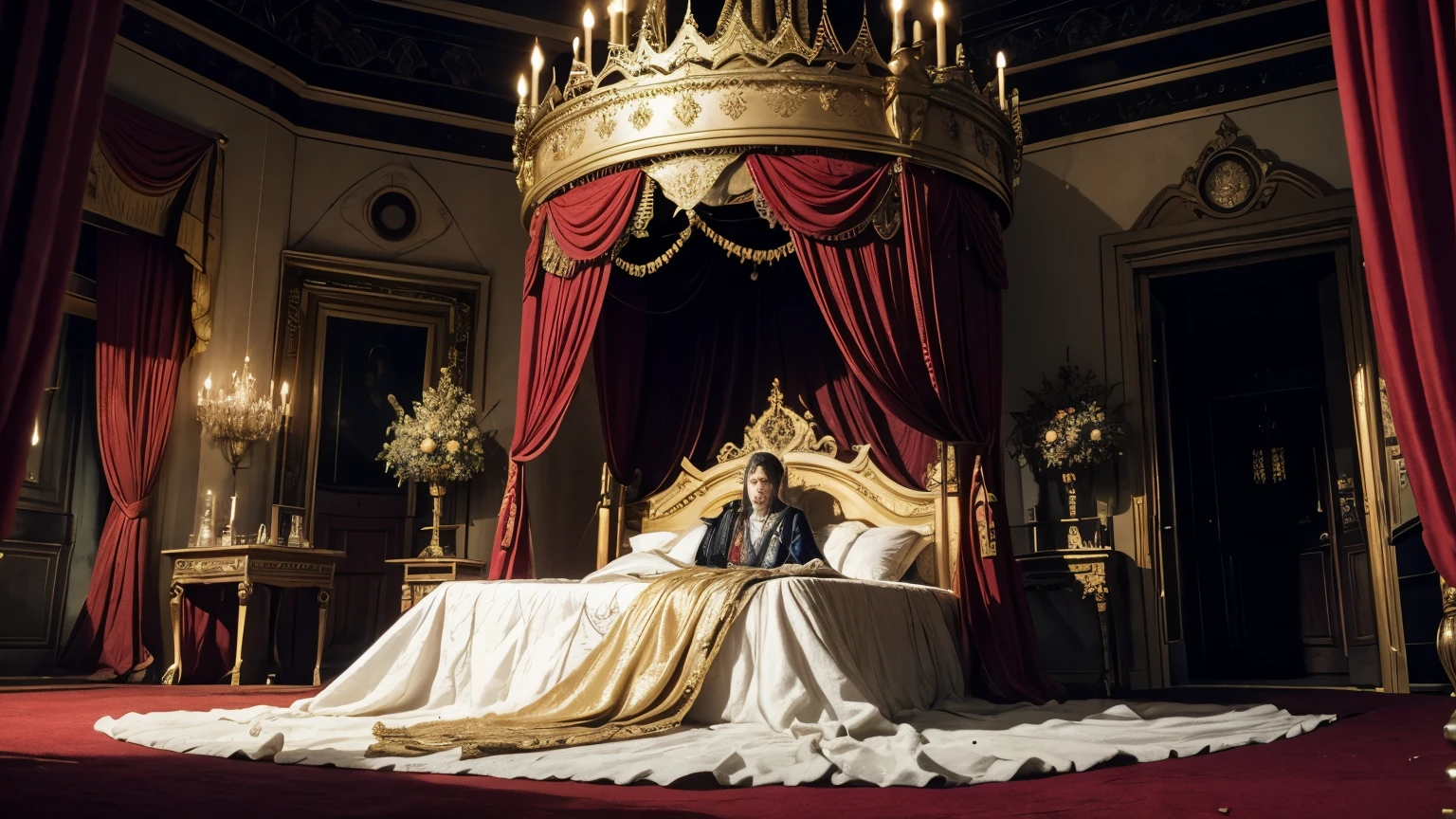 Generate an image in a real chamber of the medieval castle, a king is lying in bed, seriously ill and about to die. The room is illuminated by the soft light of candles placed in silver candelabras., that cast golden sparkles on the rich tapestries that adorn the walls. bed, covered with white linen sheets and dark blue velvet blankets, It is surrounded by crimson silk curtains that sway gently in the breeze.. The king, with a pale face and tired eyes, He wears a royal robe embroidered with gold threads and a red velvet cape.. His crown, symbol of his authority, rests on a small table next to the bed. at your side, several members of his family and close advisors are gathered in silence. A clergyman stands next to the king. The atmosphere in the room is solemn and charged with the gravity of the situation..