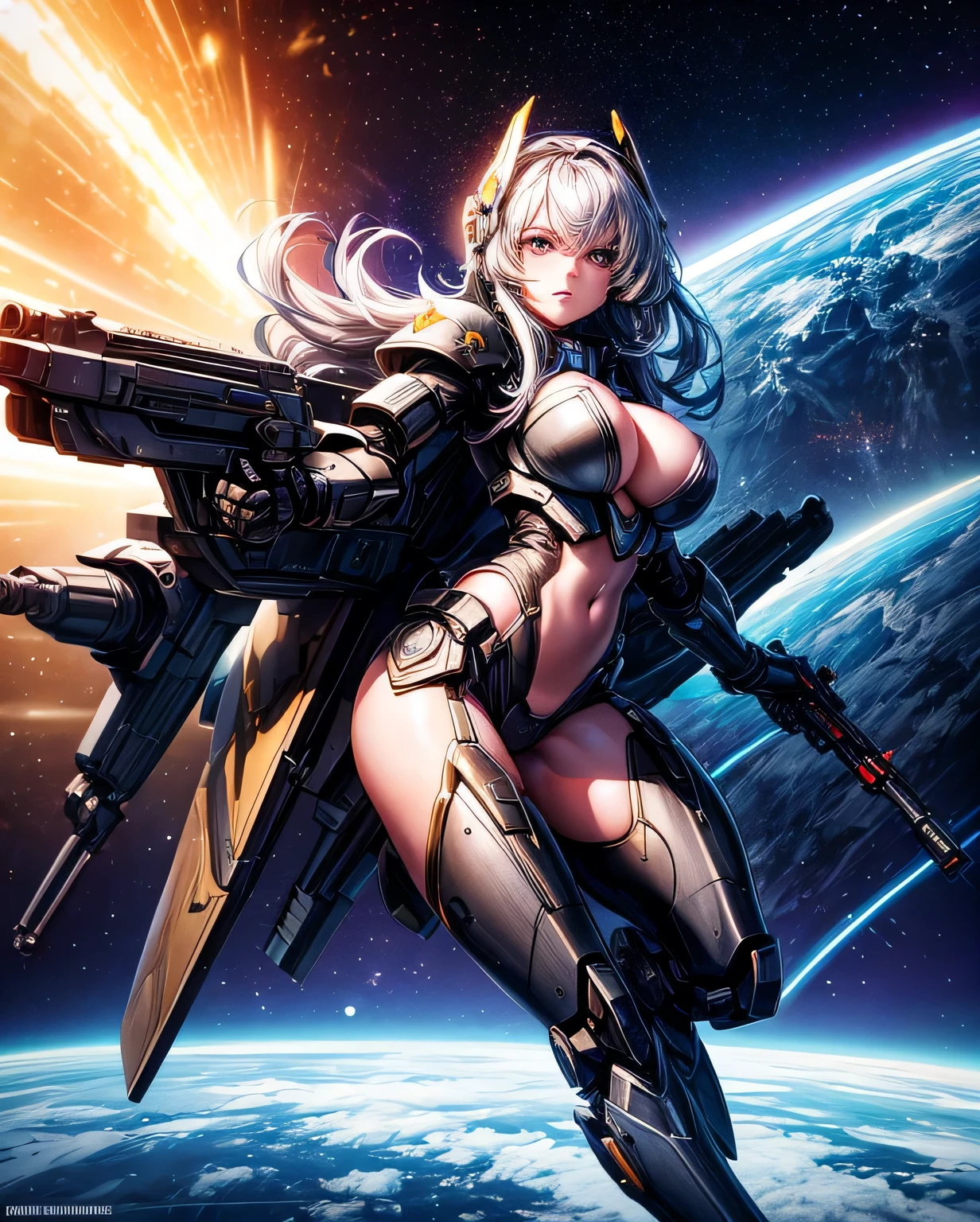 Electronic illustrations of women with mechanized armor and guns in outer space, one girl, breasts, ships, weapons, military vehicles, mecha girls, guns, big breasts, space battleships, science fiction, aircraft, cleavage, weapons hold and look at the viewer,Robot-Girl,starrystarscloudcolorful,