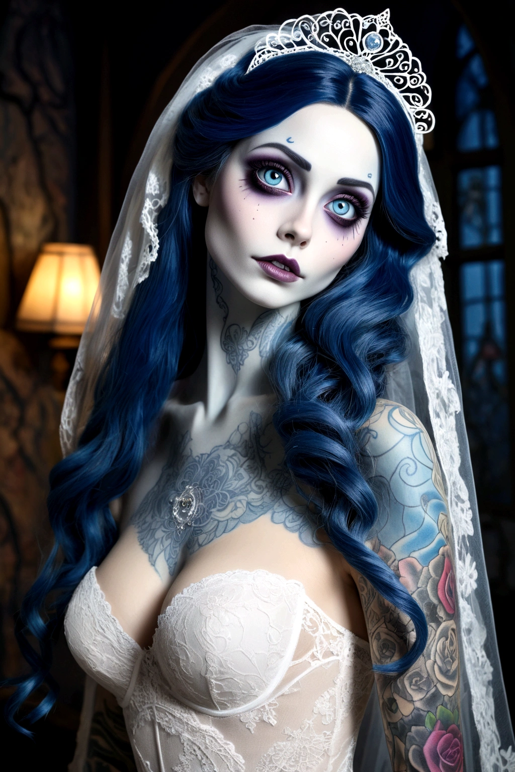 Create a hyper detailed photograph of a corpse bride tattooed young sexy Emily the Corpse Bride, Stunningly perfect gorgeous face, perfect makeup, detailed vibrant eyes, long hair, beautiful perfect, big beautiful perfect arms, realistic torso, corpse bride detailed silky smooth skin, big breast, perfect round ass, corpse bride sexy seductive lace lingerie, back to camera looking forward,