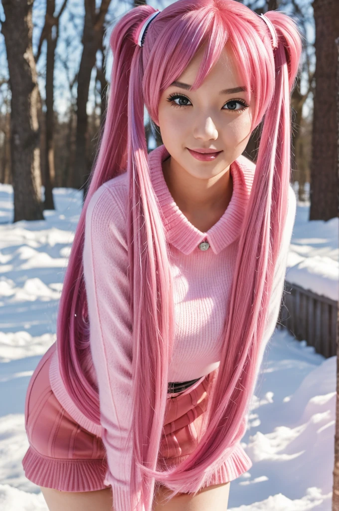 ((masterpiece)), (best quality), (detailed), 1girl,
looking at viewer,  (lipstick:0.75), leaning forward,
long pink hair, twintails,
colorful thighighs,
winter, vivid colors,
 