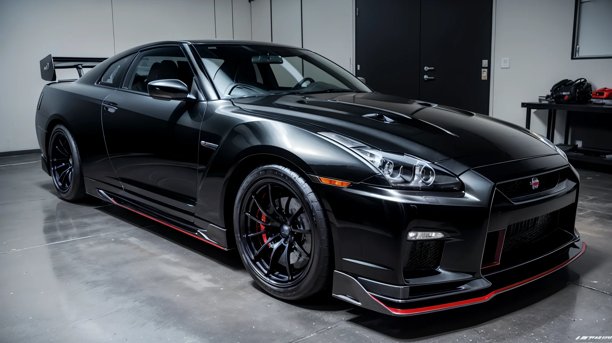 Nissan Skyline GTR-R35, In the black color, attention 22, with very large wheels, Race car, photorealistc, standing in the garage of a beautiful workshop