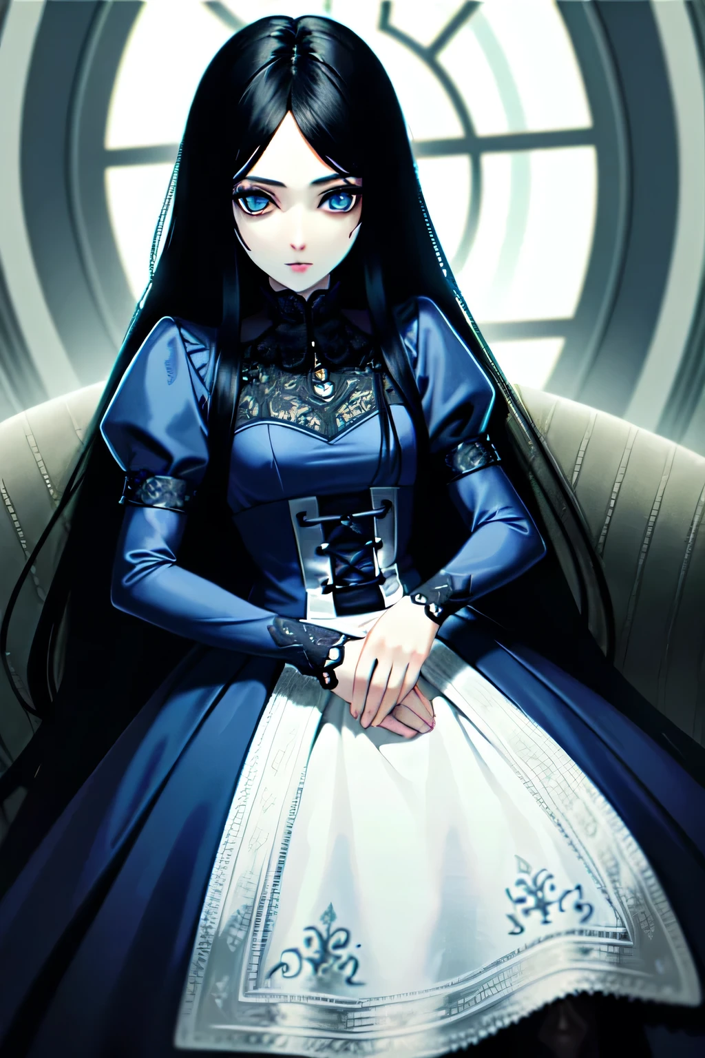 ((ultra detailed, masterpiece, best quality))
AliceMadness, 1girl, solo, long hair, black hair, blue eyes, blue dress, black lace