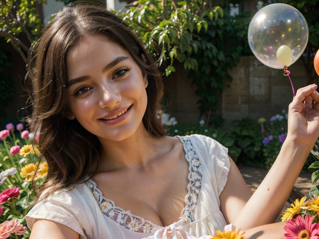 A joyful celebration, a girl in a garden, beautiful detailed eyes, beautiful detailed lips, extremely detailed eyes and face, long eyelashes, holding balloons, smiling happily, colorful flowers, sunlight, warm lighting, vibrant colors, rich details, cinematic composition, photorealistic, ultra-detailed, 8k, highres, masterpiece, professional