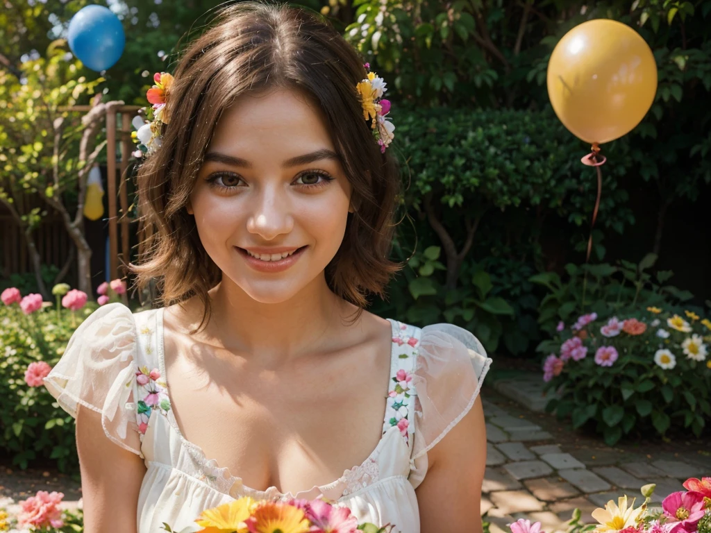 A joyful celebration, a girl in a garden, beautiful detailed eyes, beautiful detailed lips, extremely detailed eyes and face, long eyelashes, holding balloons, smiling happily, colorful flowers, sunlight, warm lighting, vibrant colors, rich details, cinematic composition, photorealistic, ultra-detailed, 8k, highres, masterpiece, professional