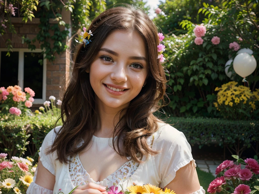 A joyful celebration, a girl in a garden, beautiful detailed eyes, beautiful detailed lips, extremely detailed eyes and face, long eyelashes, holding balloons, smiling happily, colorful flowers, sunlight, warm lighting, vibrant colors, rich details, cinematic composition, photorealistic, ultra-detailed, 8k, highres, masterpiece, professional