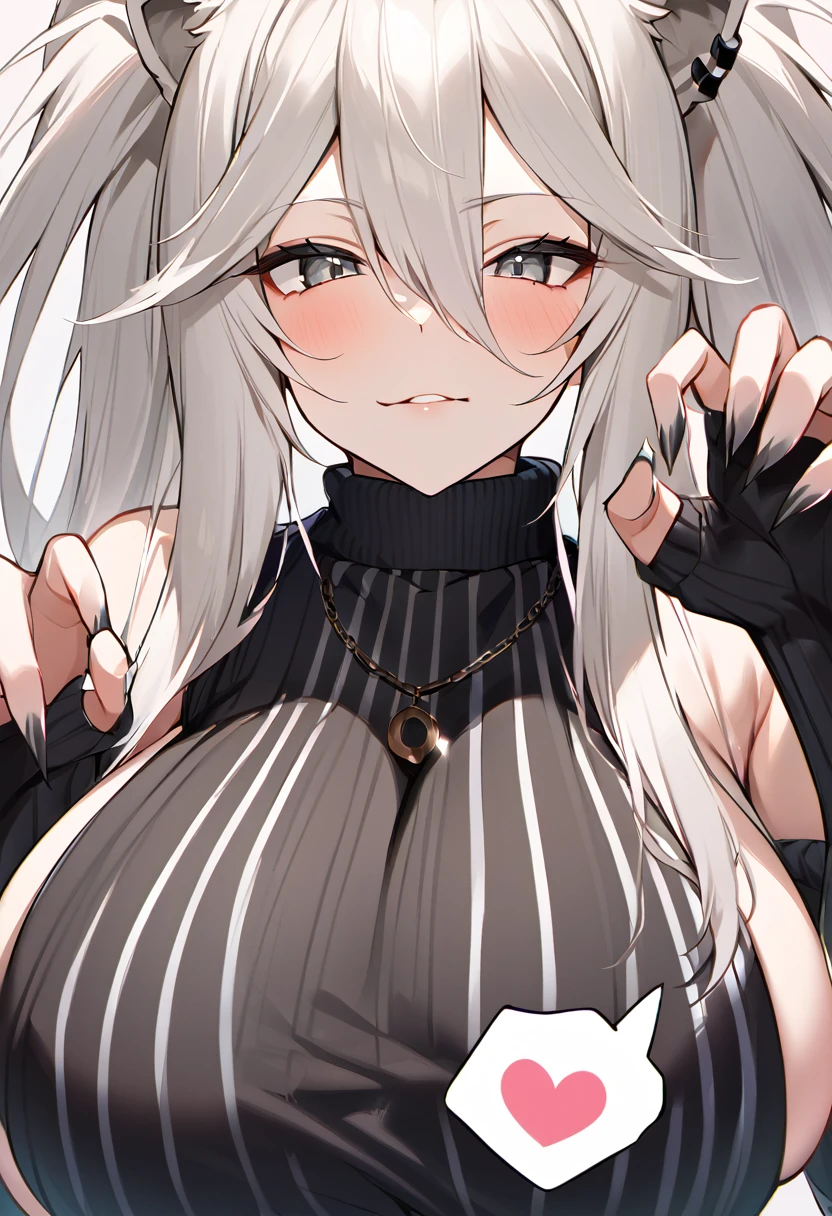 Shishirabotan、Black knitted clothes、Vertical sweater clothes、Black sweater、Huge breasts:1.5、sagging breast:1.5、1girl、portrait、spoken heart、face focus、straight hair、Twin tails、Slightly messy hair、White lion、claw pose