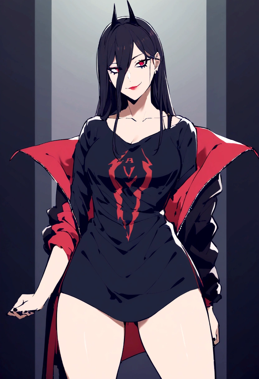 1 girl,wearing a large shirt that reaches the thighs, a jacket, written ´´Harl´´ on it,with a seductive look, and dashing smile.,Gothic style., vibrant colors