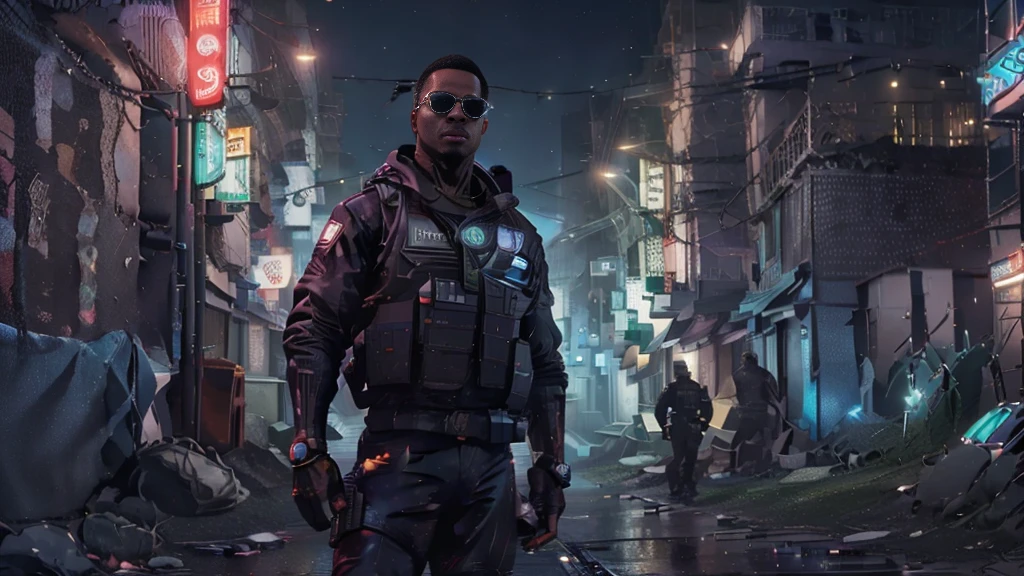 (best quality,4k,8k,highres,masterpiece:1.2), ultra-detailed, realistic, HDR, dark-skinned, three American police officer saluting with neon glasses, futuristic cyberpunk style, vibrant colors, dramatic lighting, cityscape background, glowing neon signs, rain-soaked streets, steam rising from the ground, urban dystopia, intense gaze, confident posture, sleek and modern police uniform, reflective surfaces, neon-lit alleyways, high-tech gadgets, cybernetic enhancements, futuristic weapons, imposing presence, authoritative figure, immersive atmosphere, fast-paced and dynamic composition.