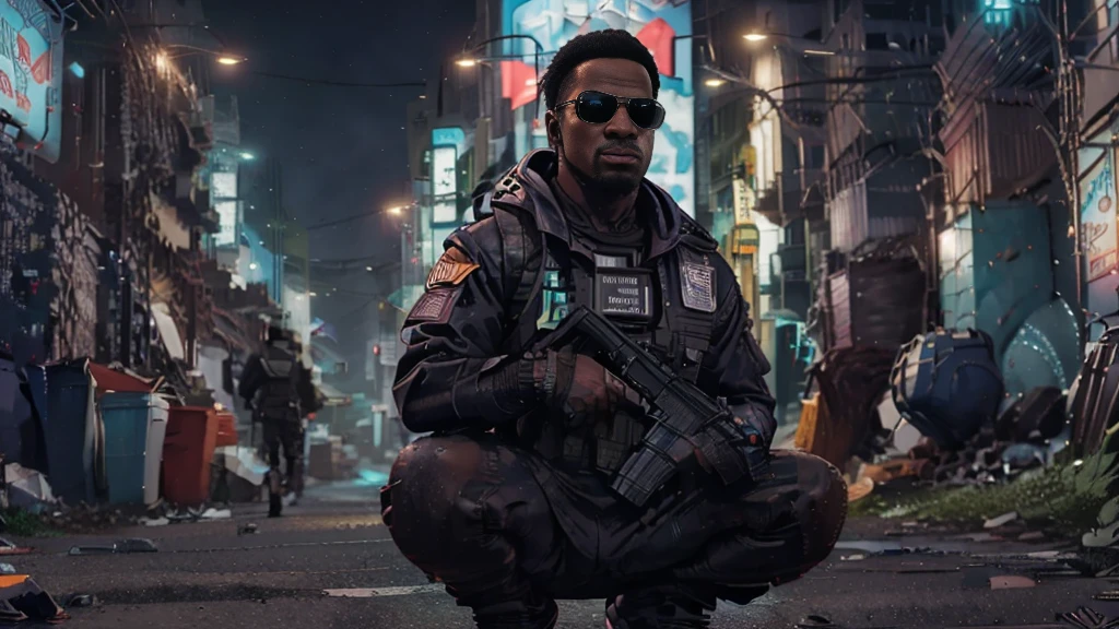 (best quality,4k,8k,highres,masterpiece:1.2), ultra-detailed, realistic, HDR, dark-skinned, three American police officer saluting with neon glasses, futuristic cyberpunk style, vibrant colors, dramatic lighting, cityscape background, glowing neon signs, rain-soaked streets, steam rising from the ground, urban dystopia, intense gaze, confident posture, sleek and modern police uniform, reflective surfaces, neon-lit alleyways, high-tech gadgets, cybernetic enhancements, futuristic weapons, imposing presence, authoritative figure, immersive atmosphere, fast-paced and dynamic composition.