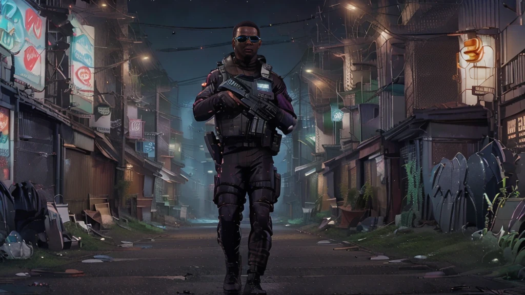 (best quality,4k,8k,highres,masterpiece:1.2), ultra-detailed, realistic, HDR, dark-skinned, three American police officer saluting with neon glasses, futuristic cyberpunk style, vibrant colors, dramatic lighting, cityscape background, glowing neon signs, rain-soaked streets, steam rising from the ground, urban dystopia, intense gaze, confident posture, sleek and modern police uniform, reflective surfaces, neon-lit alleyways, high-tech gadgets, cybernetic enhancements, futuristic weapons, imposing presence, authoritative figure, immersive atmosphere, fast-paced and dynamic composition.