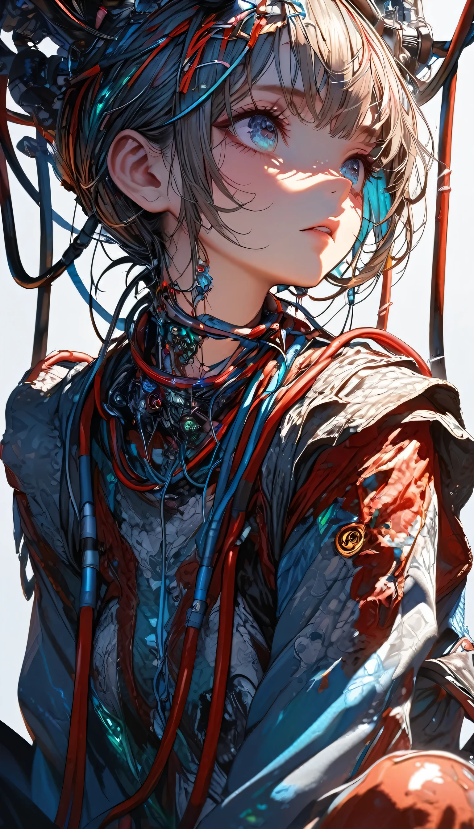 (((masterpiece))), (((best quality))), ((ultra-detailed)), (highly detailed CG illustration), ((an extremely delicate and beautiful)),(from side),cinematic light,((1mechanical girl)),solo,full body,(machine made joints:1.2),((machanical limbs)),(blood vessels connected to tubes),(mechanical vertebra attaching to back),((mechanical cervial attaching to neck)),(sitting),expressionless,(wires and cables attaching to neck:1.2),(wires and cables on head:1.2)(character focus),science fiction,white background, extreme detailed,colorful,highest detailed