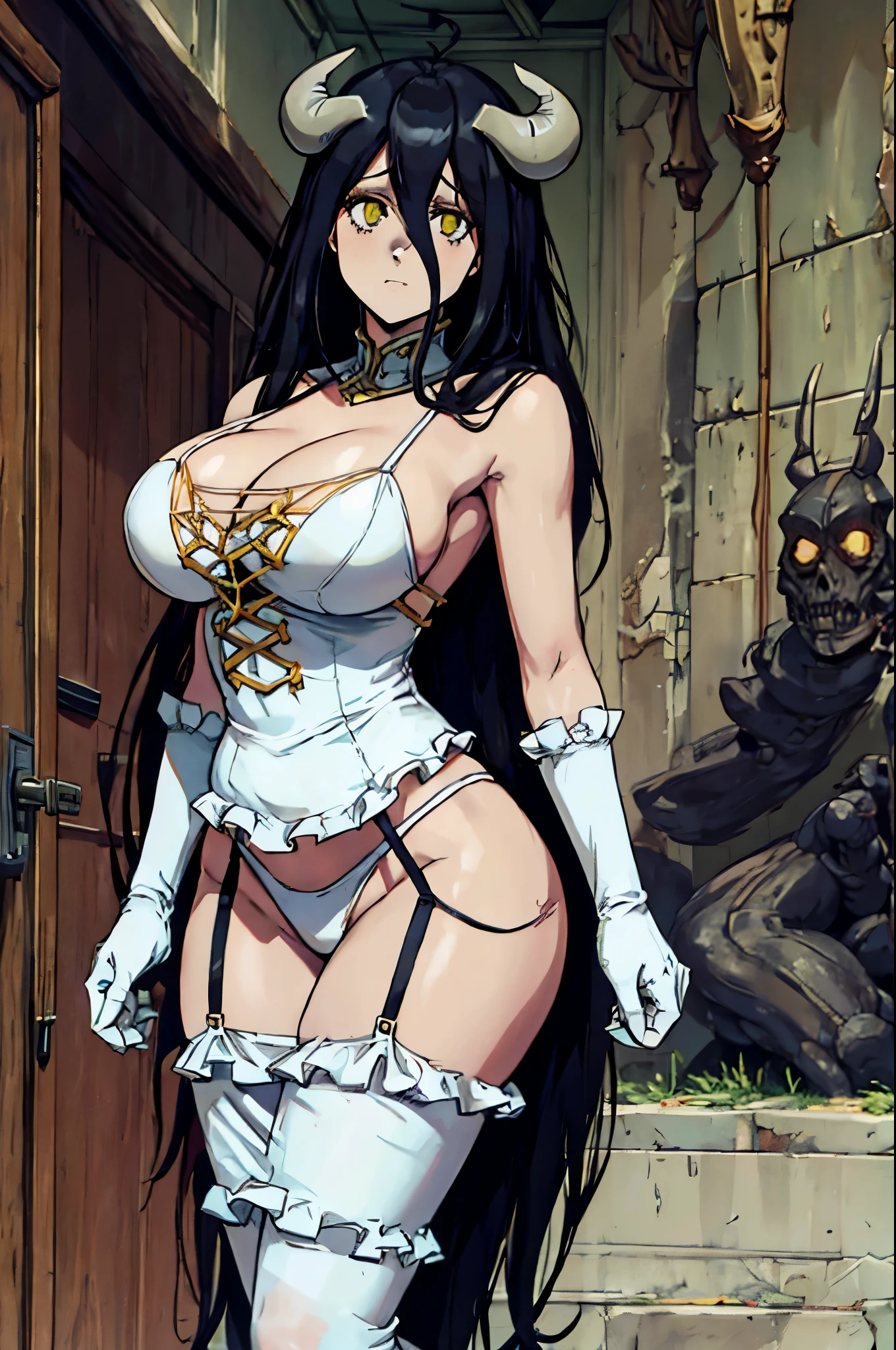 Dorohedoro Style, Albedo from Overlord, sexy girl with black hair and white horns, big huge tits, white sexy lingerie, white stockings, white long gloves