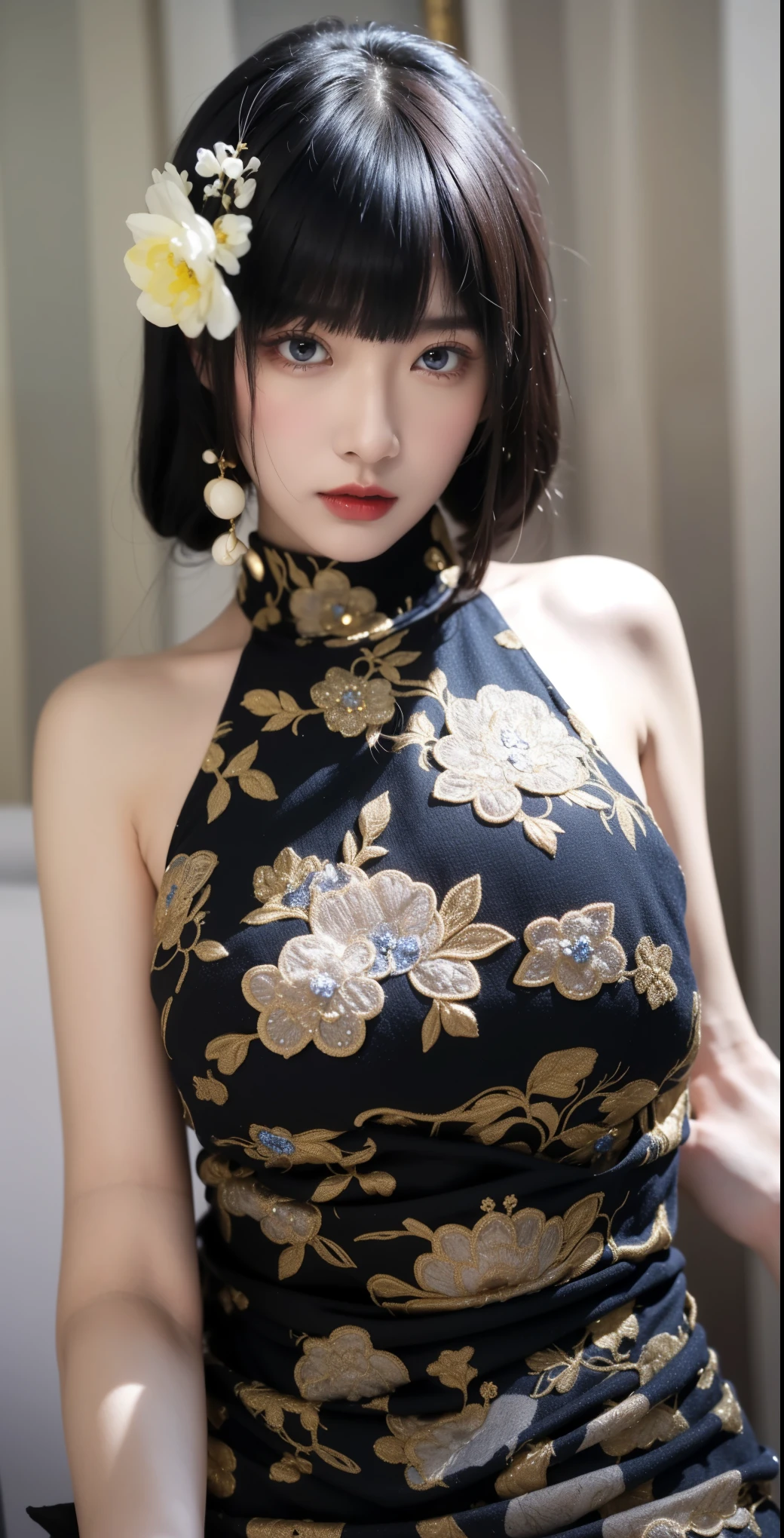Realistic style,8K picture quality,Very detailed, Delicate face, Realistic style的照片, Stock Photography , rich and colorful, Surreal, Realistic textures, Dramatic Lighting, Distiller 800 (8K, original photo, Better quality, masterpiece: 1.2), Very detailed, (Extremely delicate skin: 1.2), 8K Ultra HD, SLR camera, Soft Light, high quality, 冰冻Queen, Queen, snow castle,Blue pupils,Apply red lipstick,Very delicate tattoo design,Gold Jewelry,