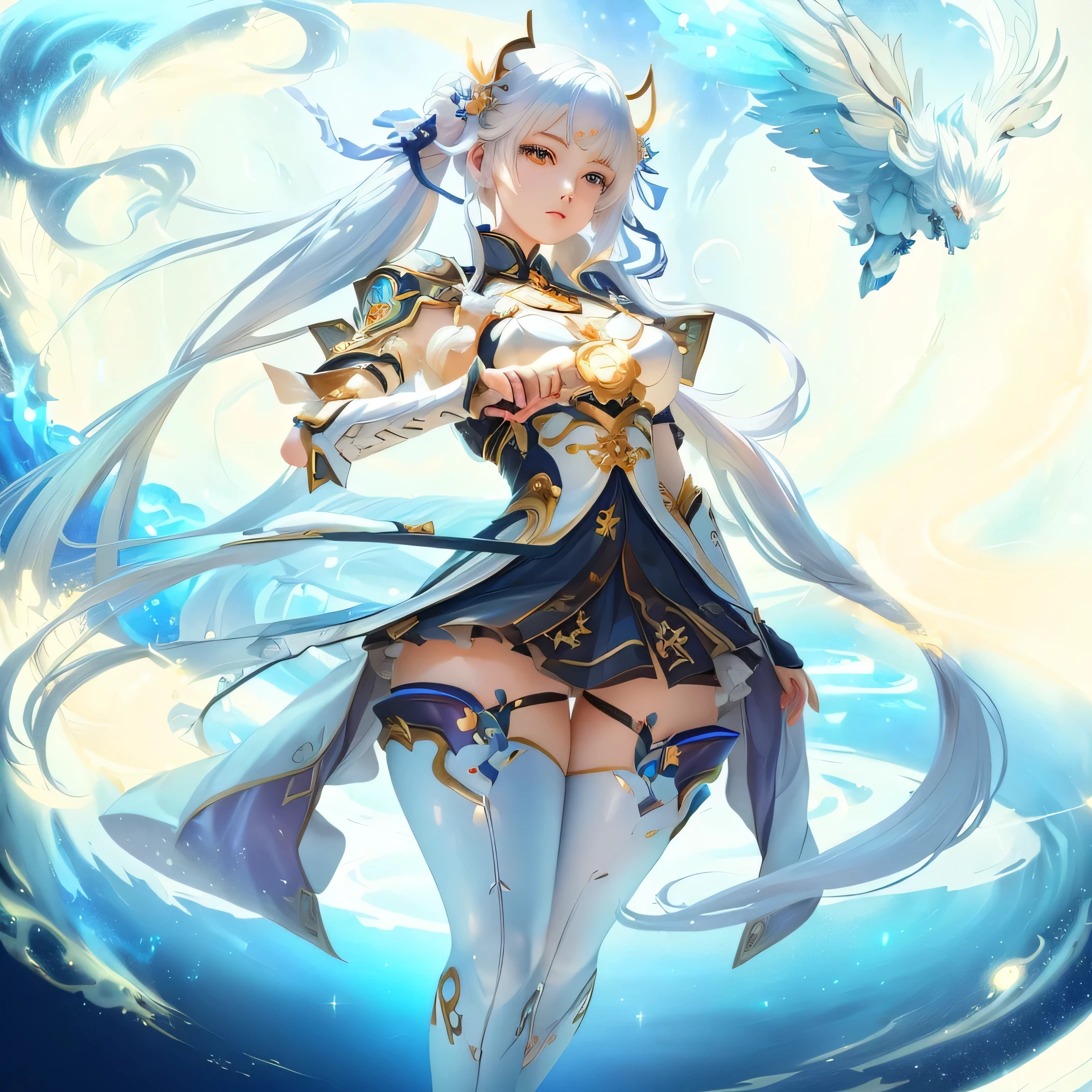 Anime girl with long hair and a sword in hand, Anime goddess, portrait girl of the zodiac knights, anime fantasy illustration, cute celestial wizard, keqing do impacto genshin, white haired deity, girl of the zodiac knights, full body xianxia, trending on artstation PIXIV, PIXIV, anime fantasy artwork, digital art on PIXIV