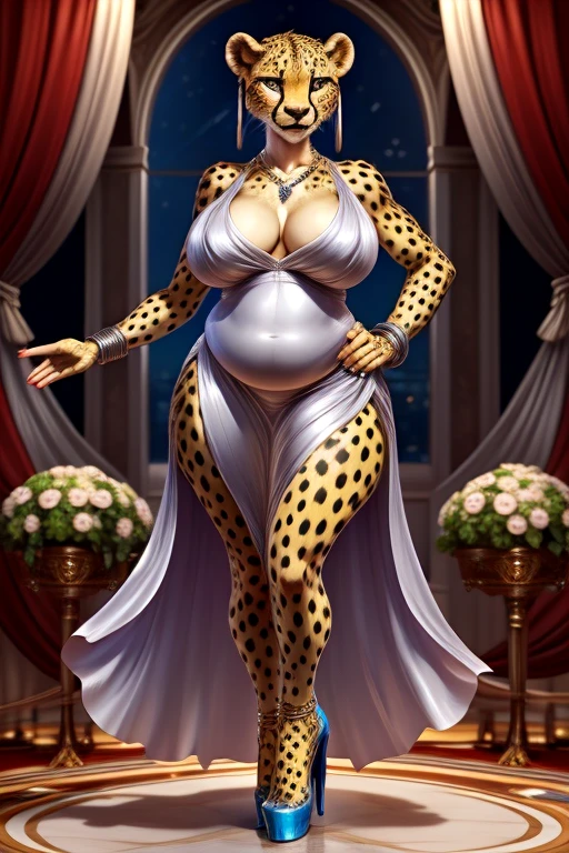 uploaded on e621, explicit content, 3d:0.4 , (bastika, cutesexyrobutts, hioshiru), female, solo, (anthro, furry), cheetah, ballroom setting, (elegant ball dress, high heels), clothed, clothing, front view
Female cheetah, fat, fat belly, fat thighs, fat arms, lovehandles, big breasts, silver eyes, golden yellow fur, black cheetah markings, silver dress, silver earrings, silver bracelets, silver rings, silver necklaces