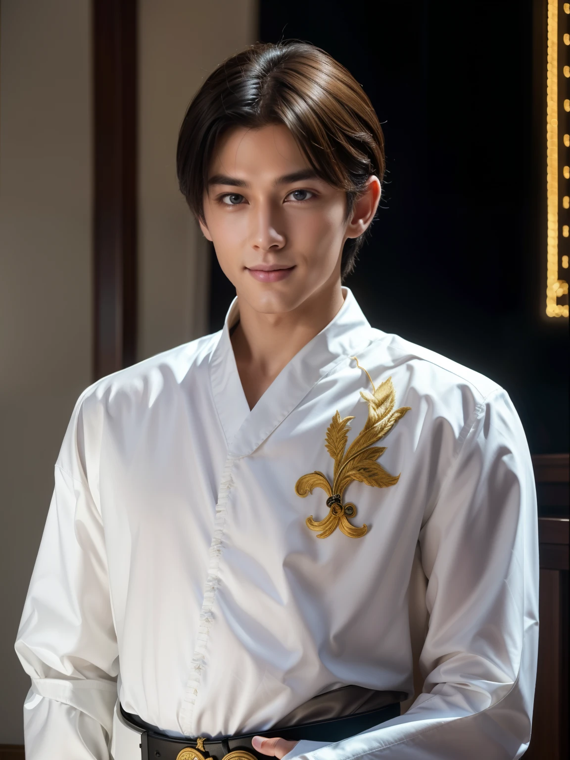 1 Boy，Upper part of the body，White cloth，Short and delicate hair，Gold thread embroidery，Black and gold embroidered belt，white collar，Wearing Feiyu suit，For the audience，Black gold embroidered wrist guards，（original photo，Best quality），（real，Photorealism：1.4），masterpiece， Extremely exquisite and beautiful，Extremely detailed，2k wallpapers，amazing，Fine details，Extremely detailed CG unified 8k wallpaper，Super detailed，high resolution，Soft lighting，handsome boy，Extremely detailed的眼睛和脸，Beautiful and delicate nose，Handsome and delicate eyes ,Cinema Lighting,Villa Background,Perfect anatomical structure,Strong body,Smile