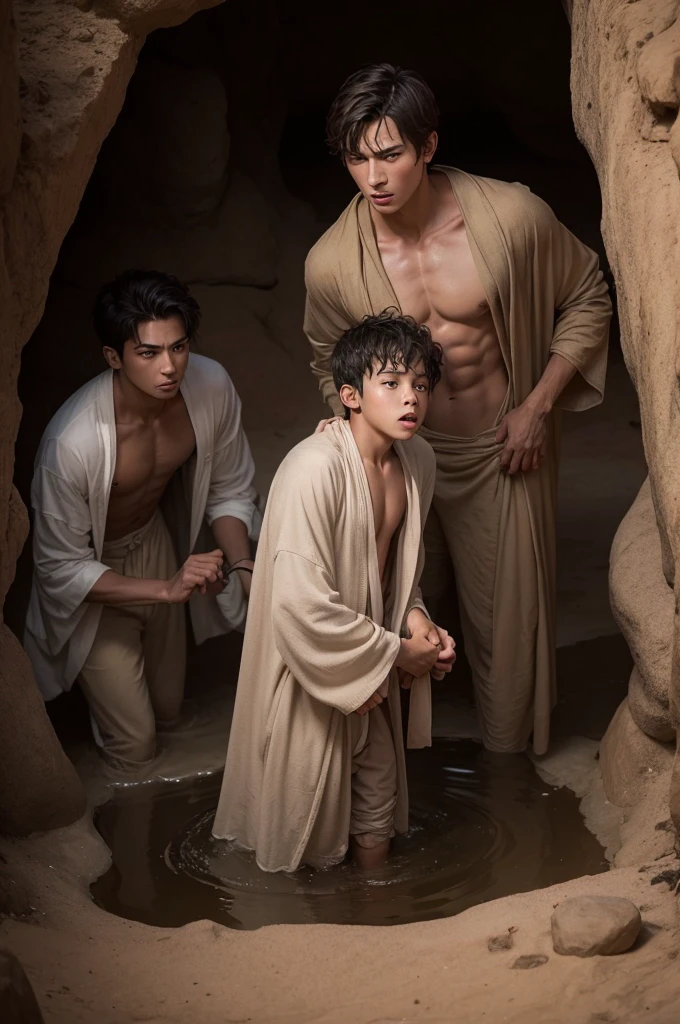 Draw a young man in a robe, with a worried expression, being pushed into a deep well by his brothers. The scene must be set in an arid desert, with the well surrounded by rocks and sand.”