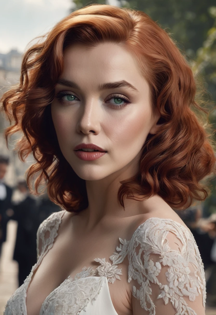 marilyn monroe, elizabeth olsen, redhead, auburn hair, full body image, full body view, green eyes, black lace, queen anne white wedding dress, choker, heels, tattoos on left arm, standing in a paris, detailed, perfect face, detailed pupils, perfect anatomy, sharp focus, insanely detailed, realistic, detailed, sharp, feminine, fine and precise, delicate lines, complex cinematography, sharp focus, dynamic posture, highly detailed, high quality, detailed face, detailed eyes, insanely detailed, 32k, studio cinematic lighting, crisp focus, graininess, feeling of passion, ideal body proportions