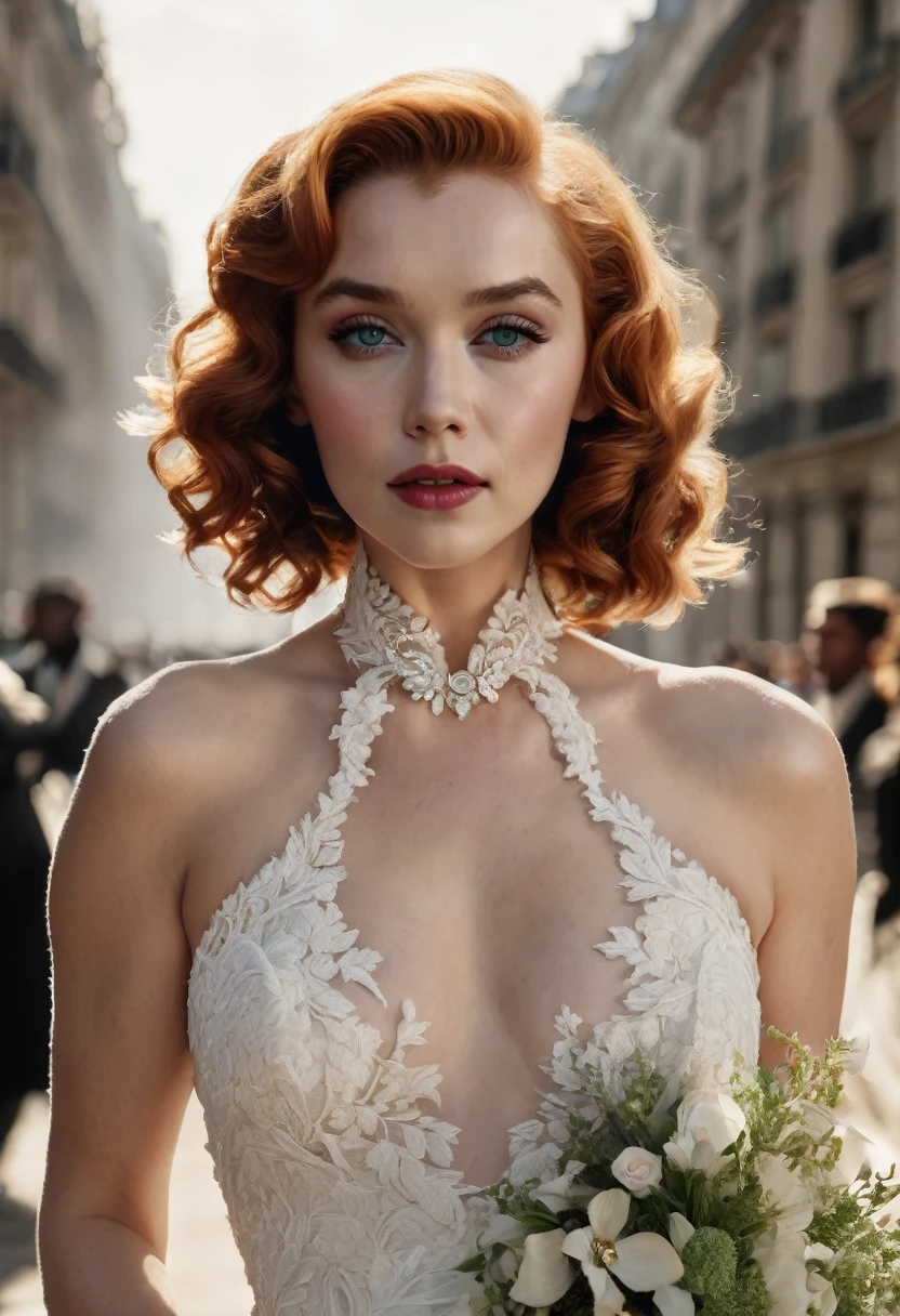 marilyn monroe, elizabeth olsen, redhead, auburn hair, full body image, full body view, green eyes, black lace, queen anne white wedding dress, choker, heels, tattoos on left arm, standing in a paris, detailed, perfect face, detailed pupils, perfect anatomy, sharp focus, insanely detailed, realistic, detailed, sharp, feminine, fine and precise, delicate lines, complex cinematography, sharp focus, dynamic posture, highly detailed, high quality, detailed face, detailed eyes, insanely detailed, 32k, studio cinematic lighting, crisp focus, graininess, feeling of passion, ideal body proportions