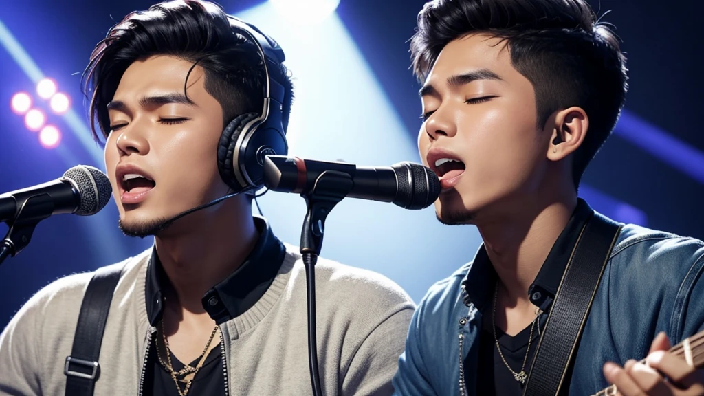 young filipino male singer singing in a studio, passionate, closed eyes, studio microphone, studio headphones