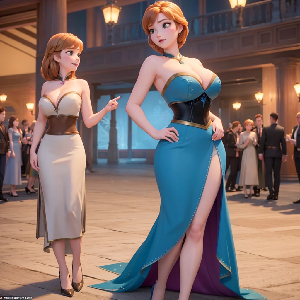 Photo of Anna of Arendelle, Anna from Disney Frozen movie, tall and sexy, superb face, perfect body, provocative, Nice, show breasts, huge breasts, tall, sexy legs, bursting huge breasts, wide hips, busty, sexy, enormous breasts, happy.