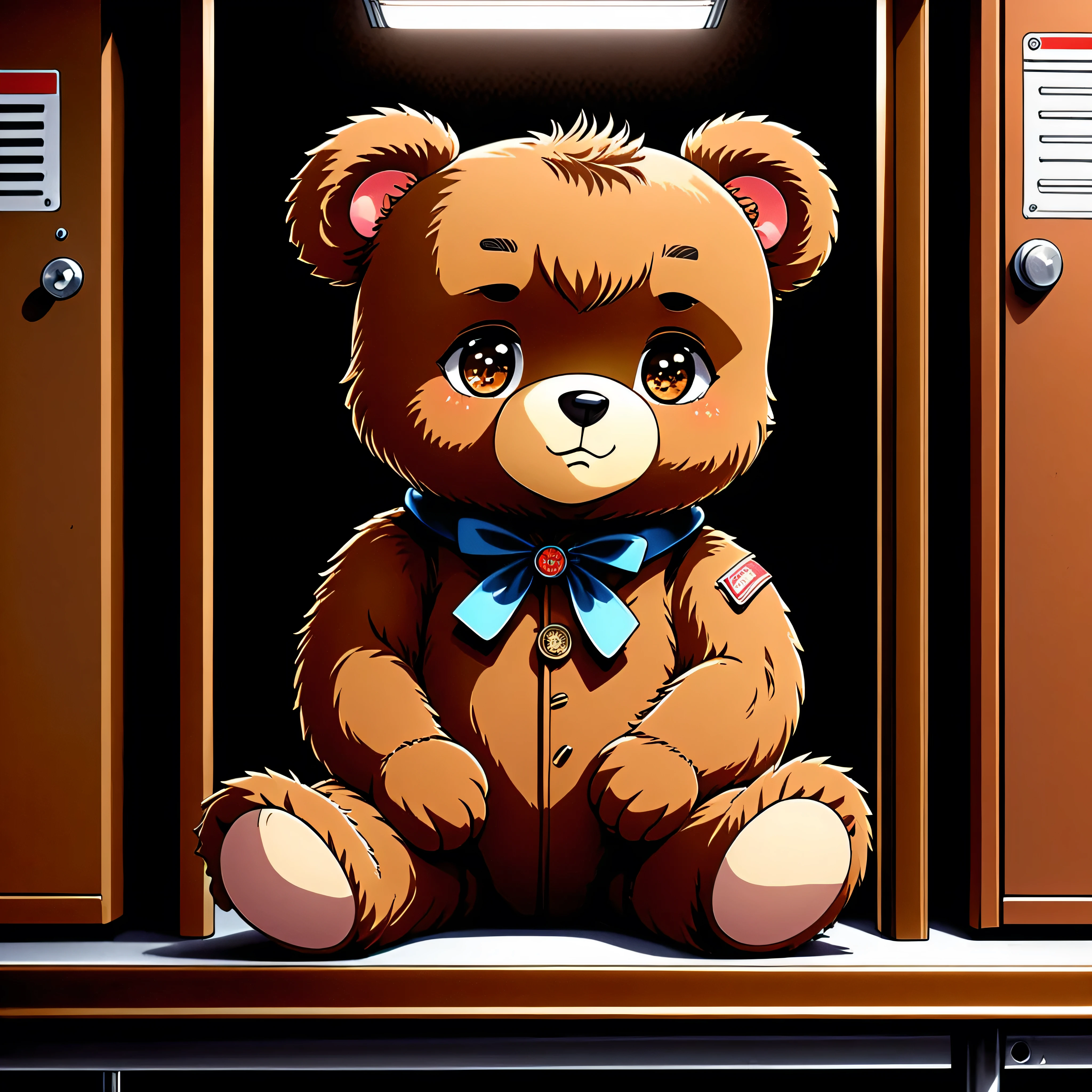 detailed illustration (side view),dynamic angle, ultra-detailed, illustration, clean line art, shading, anime, detailed eyes, detailed face, beautiful face, dramatic lighting, detailed illustration, dynamic angle, ultra-detailed, illustration,
A brown teddy bear with button eyes. A toy teddy bear. Sitting on a metal table in a evidence locker.