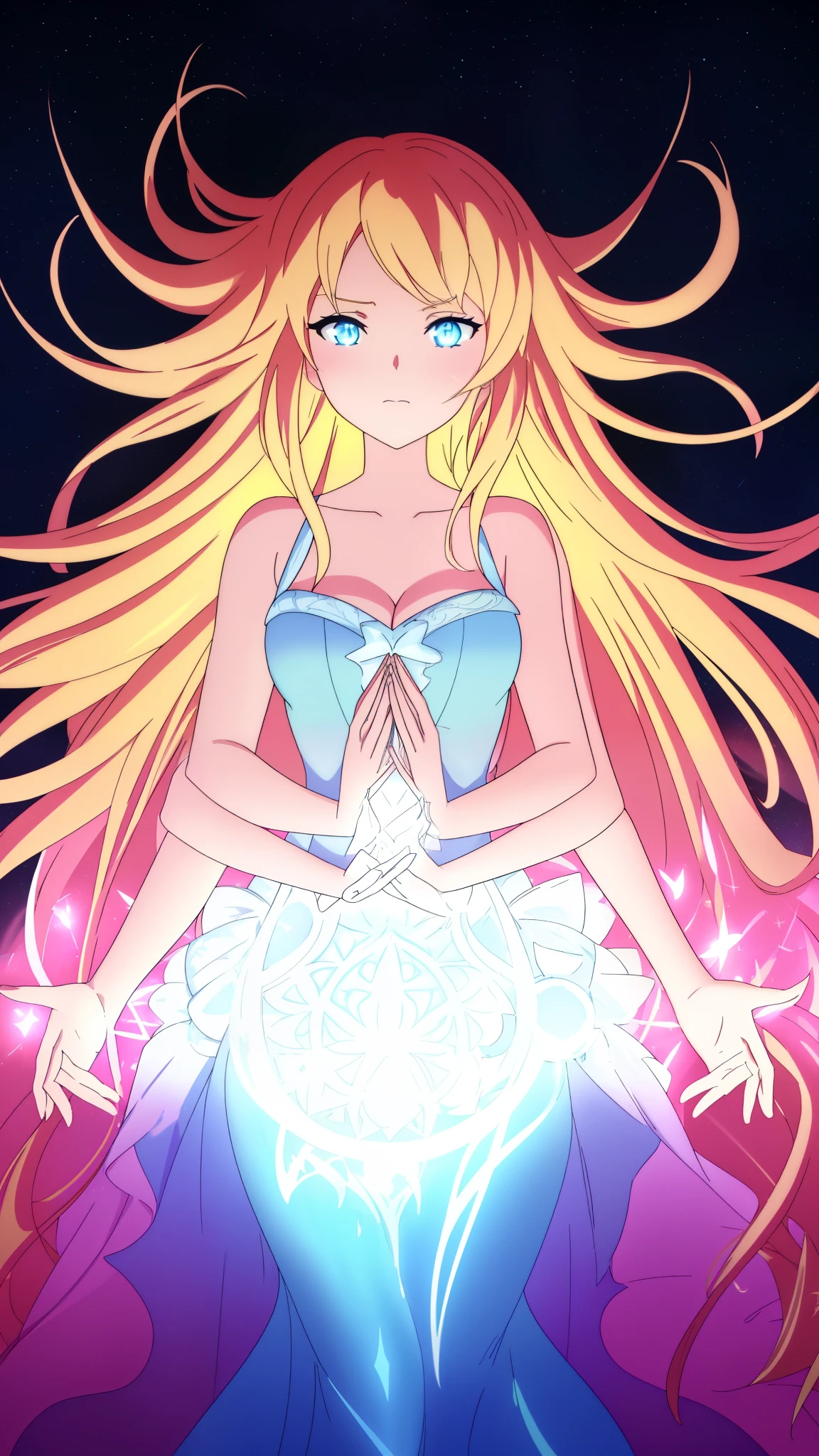 beautiful girl, puffy tiered ballgown, vibrant pastel colors,20s,madure female,angry,closed mouth,white dress,cleavage,sleeveless,((glowing blonde long hair)), magical lights, sparkling magical liquid, inspired by Glen Keane, inspired by Lois van Baarle, disney art style, by Lois van Baarle, glowing aura around her, by Glen Keane, jen bartel, glowing lights! digital painting, flowing glowing hair, glowing flowing hair, beautiful digital illustration, fantasia background, whimsical, magical, fantasy, ((beautiful face)), ((masterpiece, best quality)), intricate details, highly detailed, sharp focus, 8k resolution, sparkling detailed eyes, liquid watercolor,(extra arms,four arms)