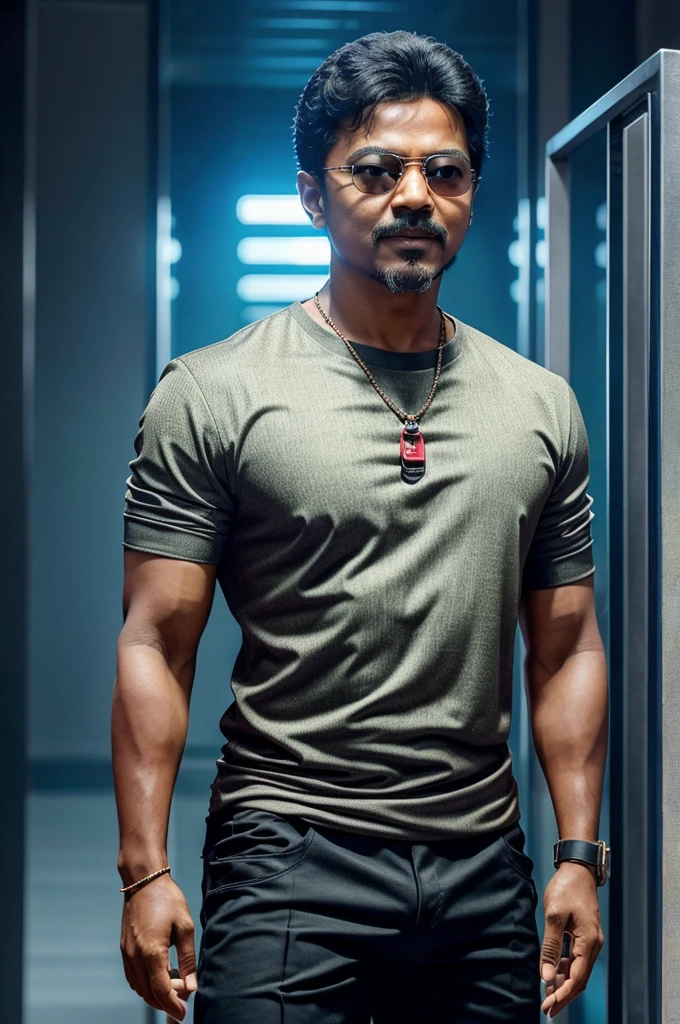 An image as "Thalapathy vijay in jail dress in future technology"