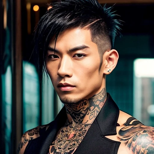 1 Mann, Japanese man, masculine, Asian eyes, muscular, broad shoulders, Yakuza-Tattoos, Visual Kei style hairstyle, Hair Visual Kei, black men's shirt and black trousers, Ultra-detailed face, hyper-realistic, realistic representation, Long hair, Long hair, 40 years old, Age 40 years, blond, blond hair
