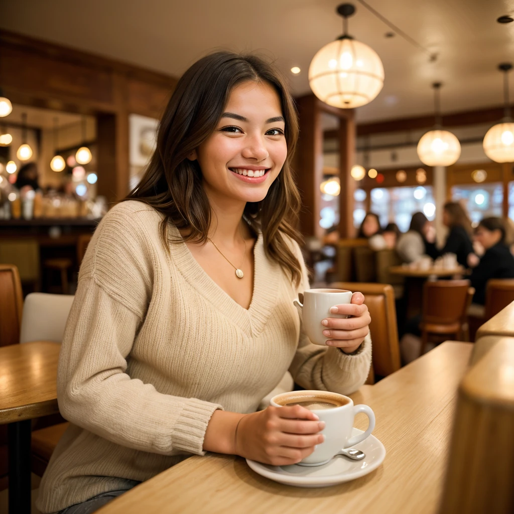 Create a realistic women a candid shot of a girl sitting in a cozy café, smiling warmly at the camera with a cup of coffee in hand. The background features soft lighting and a hint of the café’s ambiance, creating a timeless and inviting feel."