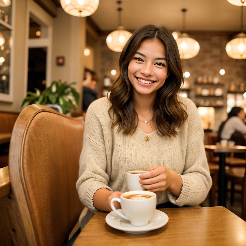 Create a realistic women a candid shot of a girl sitting in a cozy café, smiling warmly at the camera with a cup of coffee in hand. The background features soft lighting and a hint of the café’s ambiance, creating a timeless and inviting feel."