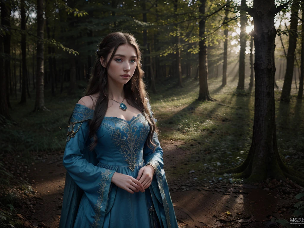 a girl with beautiful blue eyes, detailed facial features, long eyelashes, porcelain skin, flowing hair, intricate jewelry, medieval fantasy dress, standing in a mystical forest clearing, glowing moonlight, detailed foliage, warm color palette, cinematic lighting, photorealistic, 8k, masterpiece