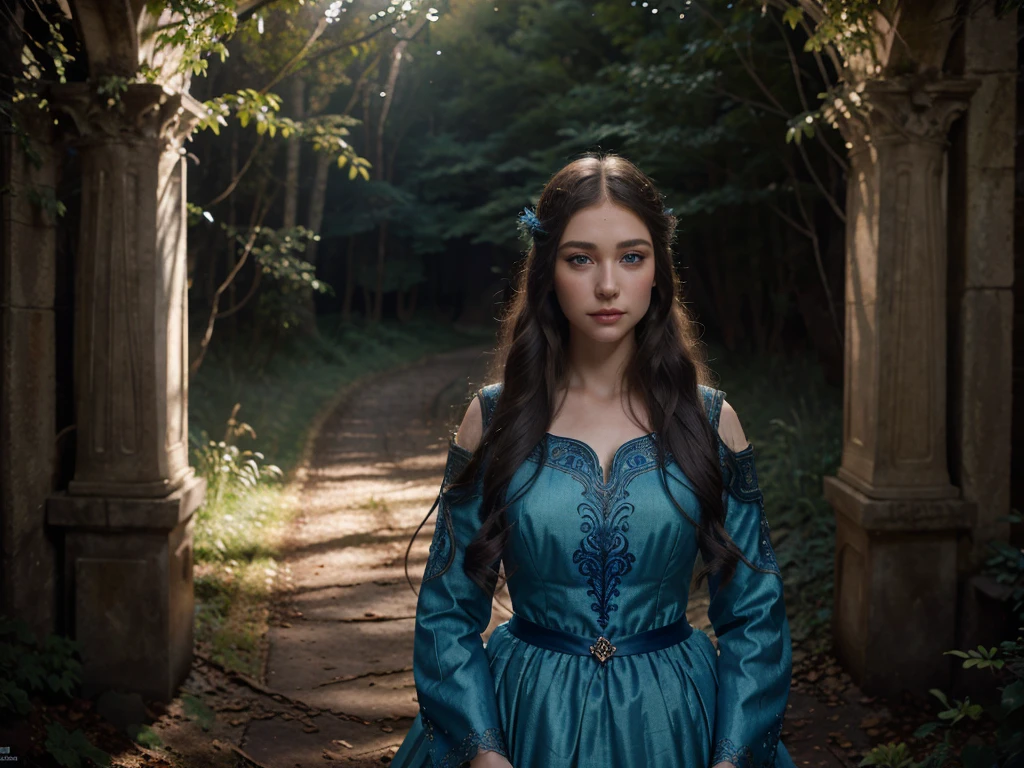 a girl with beautiful blue eyes, detailed facial features, long eyelashes, porcelain skin, flowing hair, intricate jewelry, medieval fantasy dress, standing in a mystical forest clearing, glowing moonlight, detailed foliage, warm color palette, cinematic lighting, photorealistic, 8k, masterpiece