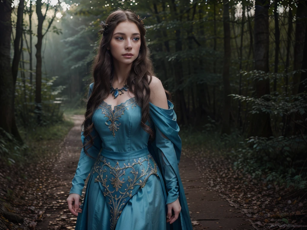 a girl with beautiful blue eyes, detailed facial features, long eyelashes, porcelain skin, flowing hair, intricate jewelry, medieval fantasy dress, standing in a mystical forest clearing, glowing moonlight, detailed foliage, warm color palette, cinematic lighting, photorealistic, 8k, masterpiece