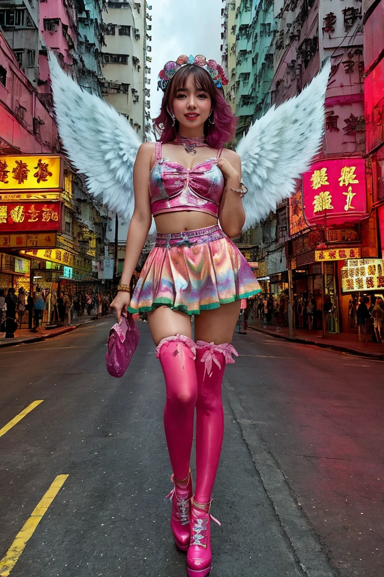 hong kong, day, (Awkward,blush :1.3),Alafi girls take photos in colorful clothes, y 2 k cutecore crowncore, Lovely Decora Rainbow Core, Lovely high quality rendering, Candy Girl, Deco, Unreal Engine : : Carnival Makeup, Working Girl, raver girl, Carnival Costumes, Glitch Punk Girl, soda themed girl, Lively and cheerful, 80s pin-up style, Hong kong, (((angel wing)))