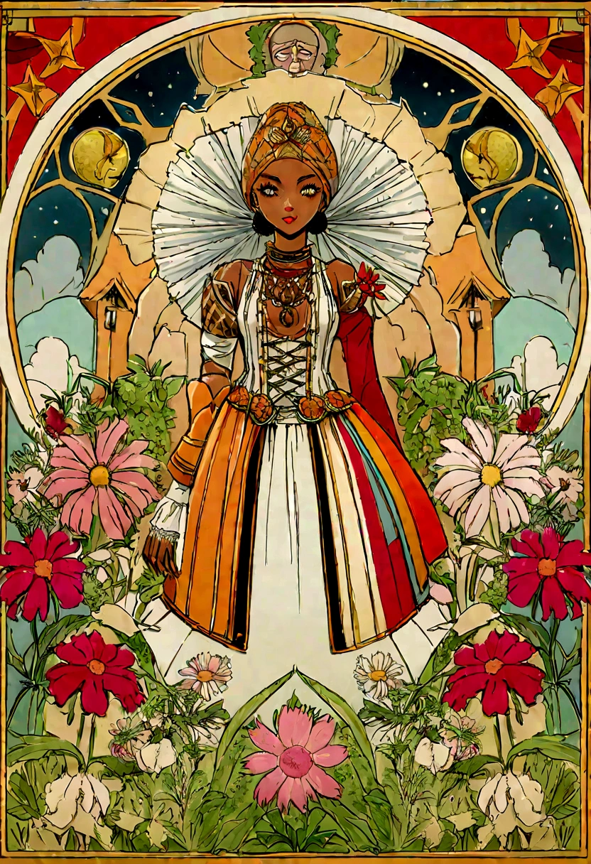 Détails HD, gros plan d' femme africaine, dans une tenue traditionnelle, planètes en arrière-plan, horreur cosmique psychédélique, illustration psychédélique, Cosmos, croissance des plantes, univers psychotique, arrière plan espace art graphique, illustration cosmique, Cosmos, affiche cosmique de LSD, il n'y a pas d'espace derrière, scène spatiale, espace surréaliste, style cosmique