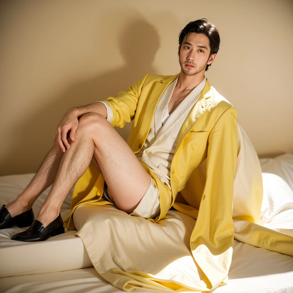 (1man:1.4),(male:1.2),(full body:1.2), age 25 beared handome man , studio lighting , photo shoot of lemon yellow linen tuxedo ,portrait shoot 