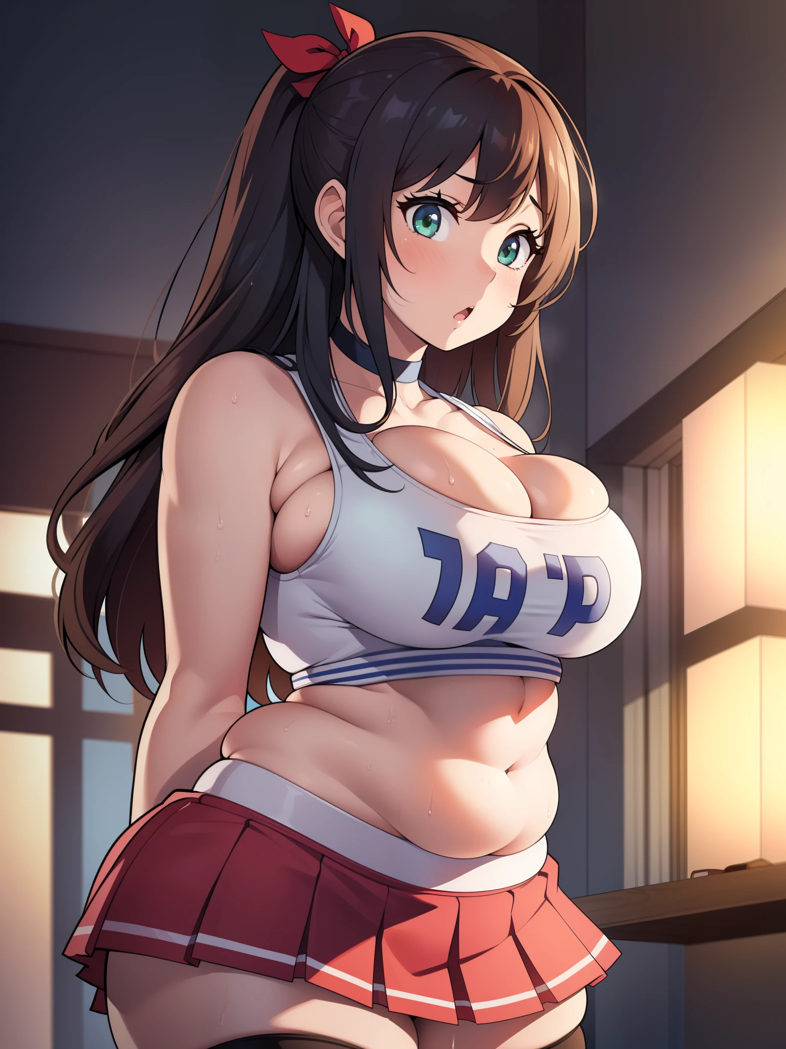 ((Masterpiece)), perfect anatomy, perfect shading, field of depth, (best quality), extremely delicate and beautiful, perfect lighting, detailed face, ultra cute face, cute, (from below 1.2), looking at viewer, full body, (((1girl))), (((solo))), cheerleader
long hair, fluffy hair, brown hair, green eyes, ((blush))), embarrassed, worried, (cheerleader uniform), (white tank top 1.2), (short section red skirt 1.2), thigh highs, chocker, extremely tight clothes, large breasts, cleavage, perky breasts, (((wide hips))), ((thick thighs)), ((plump)), chubby belly, fat rolls, belly hang,
Locker room, intricate background, detailed background, sweaty, out of breath, arms behind back,