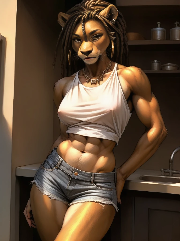 by kenket, by totesfleisch8, (by thebigslick, by silverfox5213:0.8), (by syuro:0.2),  а lion, female, in full growth, brown fur, light brown eyes, muscular, athletic body, full body, medium breast size, black medium length dreadlock hair, seductive, sexy pose, hip up, wearing short tight denim shorts and white crop shirt, bare shoulder, metallic stud earrings and hoop earrings in ears,