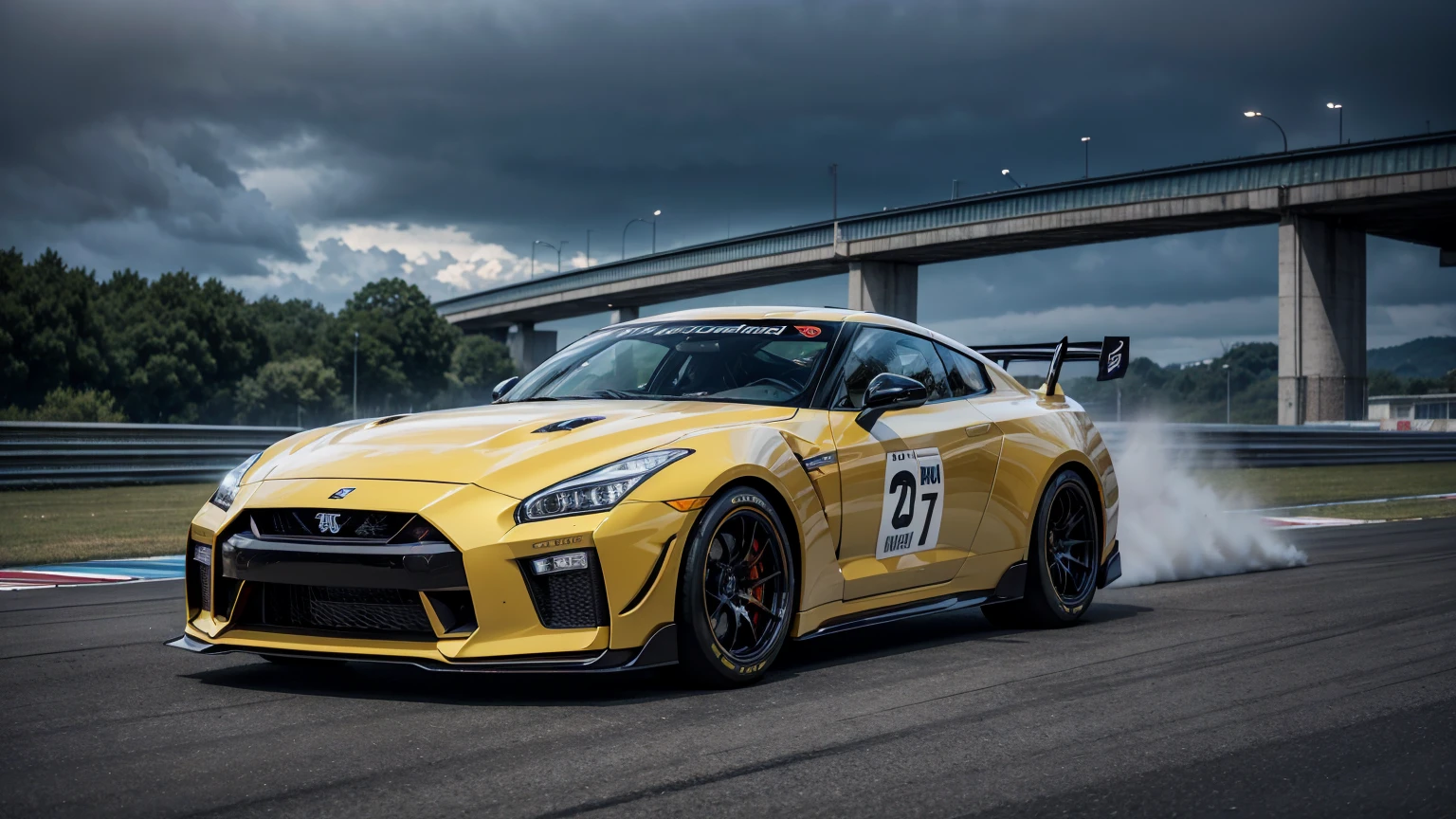 dynamic angle, Masterpiece artwork, award-winning image, GTR car racing, fundo futuristico, hyper detailled, intrikate, poster, epic, ultra detail, detalhes intrikates, uhd