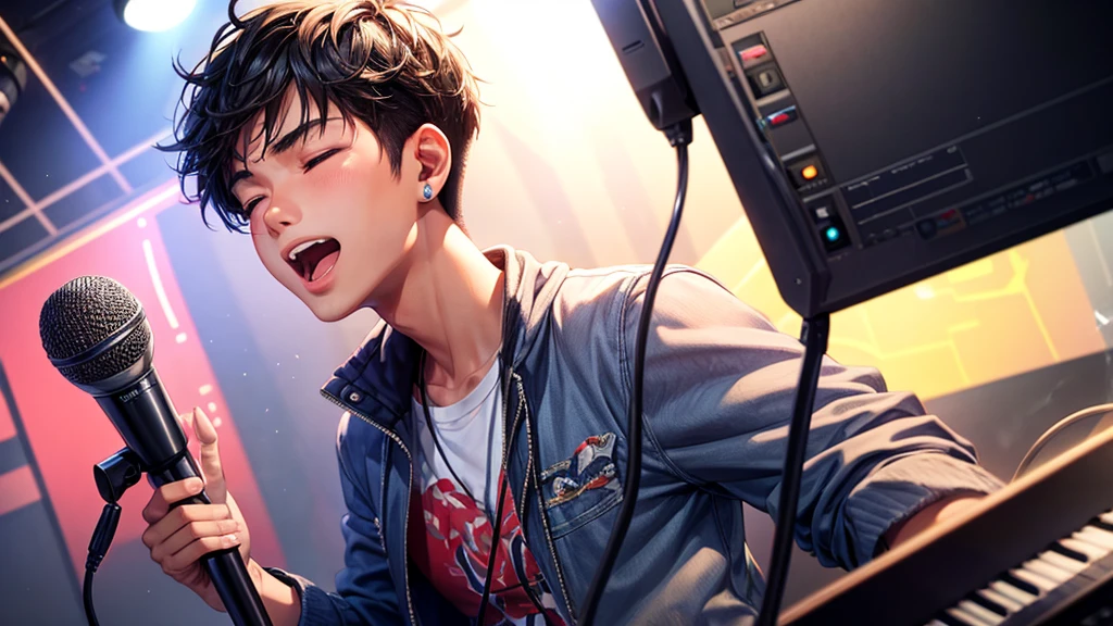 young filipino male singer singing in a studio, passionate, closed eyes, studio microphone, studio headphones