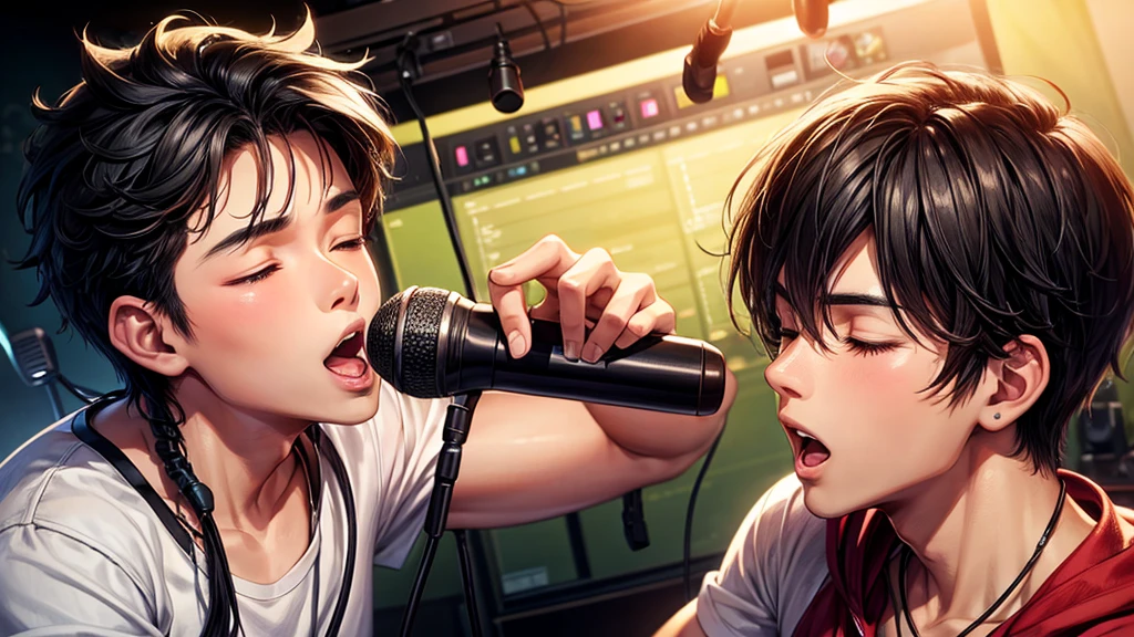 young filipino male singer singing in a studio, passionate, closed eyes, studio microphone, studio headphones