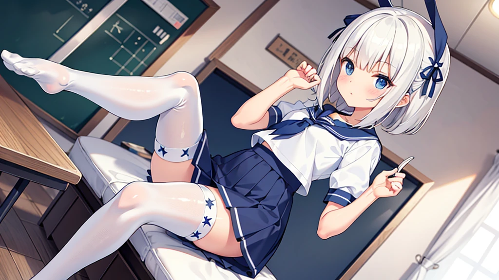 Extremadamente detallado gran calidad de imagen 1 white-haired girl with ribbon decorations on her head, blue eyes in school mini skirt navy Women with white stockings at home
