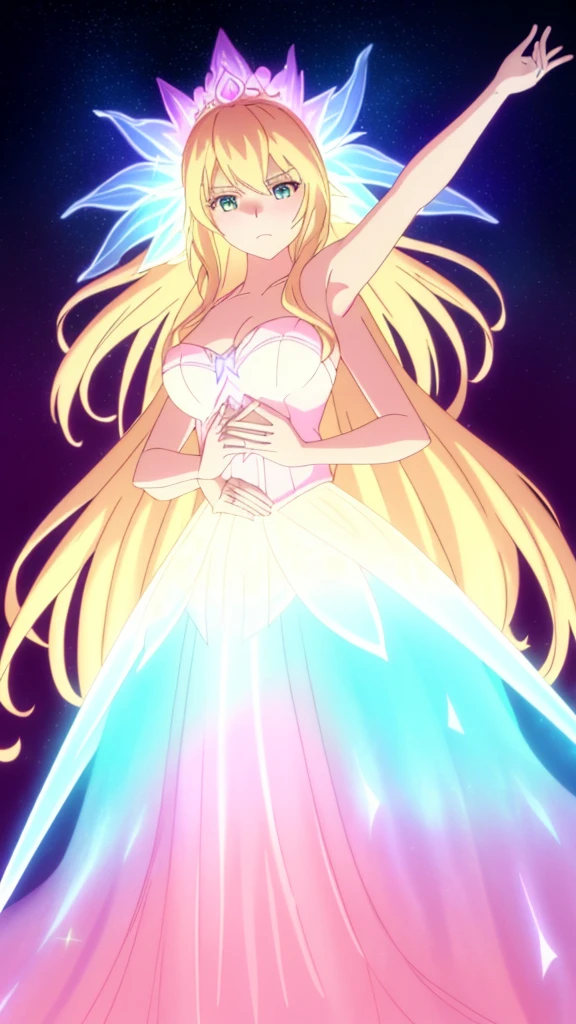 beautiful girl, puffy tiered ballgown, vibrant pastel colors,20s,madure female,angry,closed mouth,white dress,cleavage,sleeveless,((glowing blonde long hair)), magical lights, sparkling magical liquid, inspired by Glen Keane, inspired by Lois van Baarle, disney art style, by Lois van Baarle, glowing aura around her, by Glen Keane, jen bartel, glowing lights! digital painting, flowing glowing hair, glowing flowing hair, beautiful digital illustration, fantasia background, whimsical, magical, fantasy, ((beautiful face)), ((masterpiece, best quality)), intricate details, highly detailed, sharp focus, 8k resolution, sparkling detailed eyes, liquid watercolor,(extra arms,four arms)