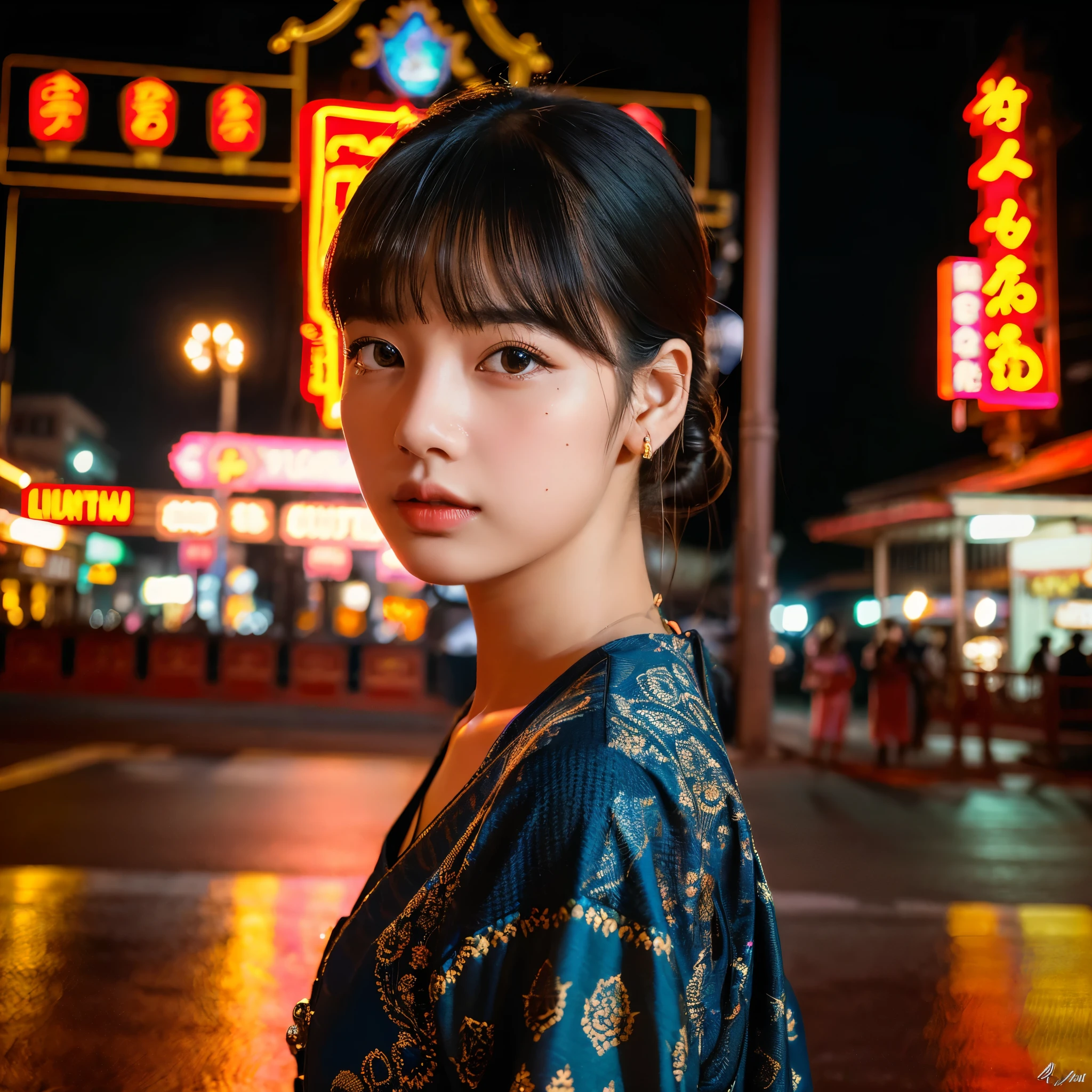 a beautiful girl, detailed eyes and lips, standing alone on the middle of a street in Thailand's Chinatown, 1girl, high contrast, vibrant colors, cinematic lighting, photorealistic, (best quality,4k,8k,highres,masterpiece:1.2),ultra-detailed,(realistic,photorealistic,photo-realistic:1.37),detailed facial features, delicate skin, long eyelashes, elegant pose, intricate details, ornate architecture, neon signs, warm lighting, tilt-shift effect